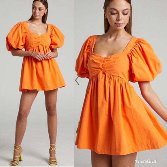 Revolve Showpo. Vashti Tangerine Orange Puff Sleeve Empire Sweetheart Mini Dress - Picture 1 of 8